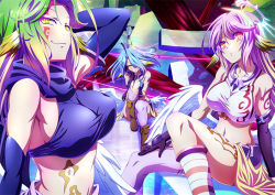 Rule 34 | 3girls, ahoge, angel wings, asymmetrical legwear, azriel (no game no life), blue hair, breasts, spiked halo, crop top, cross, feathered wings, gloves, green eyes, green hair, halo, huge ahoge, jibril (no game no life), large breasts, long hair, looking at viewer, low wings, magic circle, midriff, mismatched legwear, multicolored eyes, multicolored hair, multiple girls, navel, no game no life, official art, pink hair, purple eyes, raphael (no game no life), sideboob, sitting, smile, symbol-shaped pupils, tattoo, very long hair, white wings, wing ears, wings, yellow eyes
