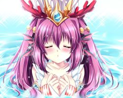 Rule 34 | 1girl, breasts, cleavage, closed eyes, coral, fins, hair ornament, head fins, headdress, incoming kiss, jewelry, kiss, long hair, lots of jewelry, mermaid, monster girl, partially submerged, purple hair, puzzle &amp; dragons, sakurano ru, siren (p&amp;d), solo, tiara, water, wet