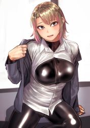 Rule 34 | 1girl, blonde hair, blush, bodysuit, bodysuit under clothes, breasts, dress shirt, highres, jacket, kilye kairi, large breasts, latex, latex bodysuit, lips, looking at viewer, medium hair, multicolored hair, open mouth, original, pink hair, removing jacket, shiny clothes, shirt, sitting, skin tight, solo, streaked hair, surprised, teeth, undressing