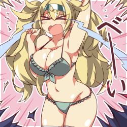 Rule 34 | &gt; &lt;, 1girl, arm behind head, armpits, blonde hair, bra, breasts, cleavage, collarbone, crying, frilled bra, frilled panties, frills, gambier bay (kancolle), green bra, green panties, hair between eyes, hairband, headband, kantai collection, large breasts, long hair, navel, open mouth, panties, sidelocks, stomach, streaming tears, tears, thighhighs, thighs, torn clothes, twintails, underwear, wahiko (black bastard), white thighhighs