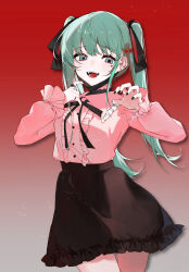 Rule 34 | 1girl, absurdres, bandaid, fangs, hair ornament, hatsune miku, heart, highres, jewelry, jirai kei, long hair, long sleeves, looking at viewer, mask, mask pull, mouth mask, nekotoba02, open mouth, red background, ribbon, shirt, simple background, skirt, smile, solo, twintails, vampire (vocaloid), vocaloid