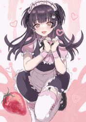 Rule 34 | 1girl, :d, apron, bad id, bad twitter id, black dress, black hair, black neckwear, black ribbon, blunt bangs, blush, breasts, cleavage, dress, earrings, food, foot out of frame, foreshortening, fruit, hair ornament, hair ribbon, heart, heart earrings, heart hands, highres, idolmaster, idolmaster shiny colors, jewelry, kuromi, long hair, looking at viewer, maid, maid apron, mayuzumi fuyuko, medium breasts, onegai my melody, open mouth, pink background, pink eyes, puffy short sleeves, puffy sleeves, ribbon, sanrio, short sleeves, simple background, smile, solo, standing, standing on one leg, strawberry, takio (kani sama), thighhighs, two side up, waist apron, white apron, white background, white ribbon, white thighhighs