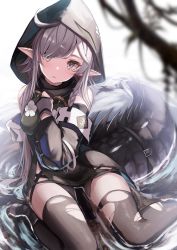 Rule 34 | 1girl, ahoge, arknights, bare shoulders, belt, black thighhighs, blurry, braid, breasts, crocodilian tail, depth of field, dress, feet out of frame, flower, gloves, goggles, goggles around neck, grey eyes, grey gloves, grey hair, hair flowing over, hair over one eye, head tilt, highres, hood, hood up, konome noi, large tail, long hair, looking away, medium breasts, microdress, pointy ears, shallow water, shoes, side braid, solo, tail, tail ornament, thighhighs, tomimi (arknights), torn clothes, torn dress, torn thighhighs, very long hair, water, wet, white background, white flower