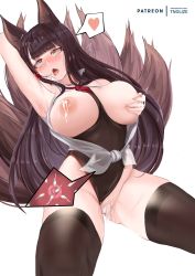 Rule 34 | 1girl, after vaginal, aftersex, ahegao, akagi (azur lane), animal ears, arm up, armpits, azur lane, black one-piece swimsuit, blush, breasts, breasts out, brown hair, brown one-piece swimsuit, brown thighhighs, cameltoe, censored, clothing aside, commentary, covered erect nipples, covered navel, covering privates, covering one breast, cum, cum in pussy, english commentary, eyeliner, facial, fangs, fertilization, fox ears, fox tail, grabbing own breast, groin, hand up, headset, heart, highleg, highleg swimsuit, highres, impregnation, lactation, large areolae, large breasts, long hair, makeup, mosaic censoring, multiple tails, nipples, one-piece swimsuit, open clothes, open mouth, open shirt, ovum, patreon username, pussy juice, red eyes, rolling eyes, shirt, simple background, sleeveless, sleeveless shirt, smile, solo, spoken heart, squatting, sweat, swimsuit, swimsuit aside, tail, tearing up, thighhighs, thighs, tnolize, toeless legwear, tongue, tongue out, trembling, white background, white shirt