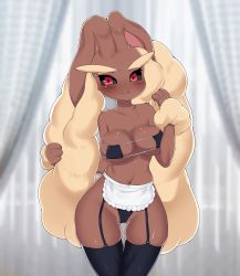 Rule 34 | 1girl, :3, absurdres, animal nose, apron, bikini, black bikini, black sclera, blurry, blurry background, blush, body fur, breasts, brown fur, cameltoe, closed mouth, colored sclera, cowboy shot, creatures (company), curtains, female focus, furry, furry female, game freak, garter straps, gen 4 pokemon, grey background, hands up, happy, highres, looking at viewer, lopunny, medium breasts, navel, nintendo, pokemon, pokemon (creature), rabbit ears, rabbit girl, red eyes, shiny skin, skindentation, smile, solo, standing, stomach, string bikini, swimsuit, thigh gap, thighhighs, two-tone fur, waist apron, white apron, yellow fur, yyyy (pixiv 77913224)