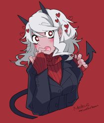 Rule 34 | absurdres, black jacket, blush, breasts, character name, commentary request, cropped torso, demon girl, demon horns, demon tail, drooling, fingernails, grey hair, heart, heart-shaped pupils, helltaker, highres, horns, jacket, kirishina (raindrop-050928), long hair, long sleeves, looking at viewer, medium breasts, modeus (helltaker), mouth drool, open mouth, red background, red eyes, red sweater, ribbed sweater, simple background, sleeves past wrists, solo, sweater, symbol-shaped pupils, tail, thick eyebrows, turtleneck, turtleneck sweater, upper body