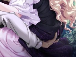 Rule 34 | 1girl, ass, ass grab, curly hair, game cg, grabbing, groping, hell guide, m no violet, male hand, outdoors