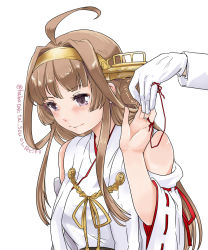 Rule 34 | 10s, 1boy, 1girl, admiral (kancolle), ahoge, artist name, bare shoulders, brown hair, detached sleeves, double bun, gloves, hairband, headgear, japanese clothes, jewelry, kantai collection, kongou (kancolle), light smile, long hair, lr hijikata, nontraditional miko, purple eyes, red ribbon, ribbon, ribbon-trimmed sleeves, ribbon trim, ring, simple background, solo focus, twitter username, wedding band, white background, white gloves