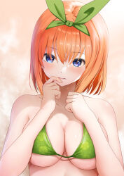 Rule 34 | 1girl, absurdres, bare shoulders, bikini, blue eyes, blush, breasts, cleavage, collarbone, commentary request, finger to mouth, floral print, gibun (sozoshu), go-toubun no hanayome, gradient background, green bikini, green hairband, hairband, hands on own chest, hands up, highres, large breasts, looking at viewer, nakano yotsuba, orange background, orange hair, parted lips, print bikini, revision, short hair, solo, swimsuit, upper body