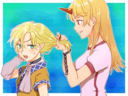 Rule 34 | 2girls, arm behind head, arm up, arm warmers, bad id, bad pixiv id, blonde hair, blue background, blush, breasts, brown shirt, chain, commentary request, cuffs, from side, gradient background, green eyes, grin, hair between eyes, hair tie, holding, holding own hair, horns, hoshiguma yuugi, long hair, looking at another, looking at viewer, looking to the side, medium breasts, mizuhashi parsee, multiple girls, open mouth, pointy ears, profile, red eyes, shackles, shirt, short hair, short sleeves, sibata maru, single horn, small breasts, smile, standing, star (symbol), sweatdrop, teeth, thick eyebrows, touhou, tying hair, upper body, upper teeth only, white shirt