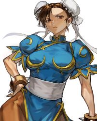 Rule 34 | 1girl, bracelet, breasts, brown eyes, brown hair, bun cover, capcom, china dress, chinese clothes, chun-li, closed mouth, double bun, dress, earrings, hair between eyes, hair bun, hand on own hip, highres, jewelry, large breasts, looking at viewer, narrow waist, pantyhose, puffy short sleeves, puffy sleeves, sash, serious, shade, shaded face, short hair, short sleeves, simple background, solo, spiked bracelet, spikes, street fighter, uncle rabbit ii, white background, white sash
