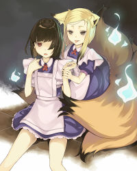 Rule 34 | 10s, 2girls, animal ears, apron, arm grab, bad id, bad pixiv id, black hair, blonde hair, blue fire, blush, brown eyes, contrapposto, dress, expressionless, fire, fire, fox, fox ears, fox tail, hair over one eye, hidden eyes, looking at another, looking at viewer, multiple girls, multiple tails, nail polish, nushityama, open mouth, red eyes, sasami-san@ganbaranai, shaded face, short hair, short sleeves, sidelocks, sitting, smile, standing, swept bangs, tail, tamamo-no-mae (sasami-san@ganbaranai), tongue, tongue out, yagami kagami