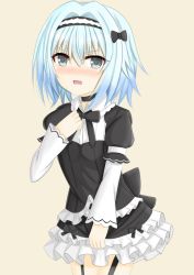 Rule 34 | 10s, 1girl, black bow, black dress, blue eyes, blue hair, blush, bow, brown background, commentary request, dress, garter straps, hair between eyes, hair bow, hairband, hand up, layered sleeves, long sleeves, looking at viewer, matcha (soratohana128), nose blush, open mouth, puffy short sleeves, puffy sleeves, ryuuou no oshigoto!, short hair, short over long sleeves, short sleeves, simple background, solo, sora ginko, v-shaped eyebrows