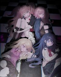 4girls absurdres akamatsu_kaede black_footwear black_shirt black_thighhighs blonde_hair blue_eyes blue_hair bow breasts brown_skirt cleavage danganronpa:_trigger_happy_havoc danganronpa_(series) danganronpa_2:_goodbye_despair danganronpa_v3:_killing_harmony enoshima_junko haseong_swa highres large_breasts long_hair lying maizono_sayaka medium_hair miniskirt monokuma multiple_girls nanami_chiaki on_side pink_sweater_vest pleated_skirt red_bow red_skirt school_uniform shiny_skin shirt skirt smile sweater_vest thighhighs twintails