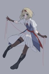 Rule 34 | 1girl, alice margatroid, black footwear, black gloves, black legwear, blonde hair, blue dress, blue eyes, blurry, boots, closed mouth, cross-laced footwear, depth of field, dress, full body, gloves, grey background, hairband, highres, red hairband, rito31illust, short hair, short sleeves, simple background, solo, touhou