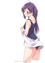 Rule 34 | 1girl, absurdres, ahoge, alternate costume, breasts, commentary request, from side, hagikaze (kancolle), highres, kantai collection, long hair, looking at viewer, medium breasts, one side up, purple eyes, purple hair, school swimsuit, simple background, solo, sweater, swimsuit, twitter username, uut, white background, white sweater