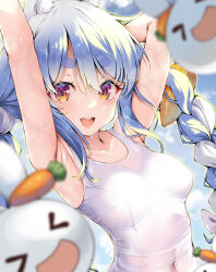 Rule 34 | &gt; &lt;, 1girl, :d, animal ears, armpits, arms up, blue background, blue hair, blurry, blurry foreground, braid, breasts, carrot, carrot hair ornament, collarbone, eyelashes, food-themed hair ornament, hair between eyes, hair ornament, hololive, kubota masaki, long bangs, looking at viewer, navel, open mouth, rabbit, rabbit ears, skin tight, small breasts, smile, sweat, swimsuit, twin braids, upper body, usada pekora, virtual youtuber, wet, xd, yellow eyes