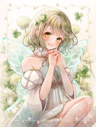 Rule 34 | 1girl, blue wings, blush, clover, commission, dress, fairy, fairy wings, ginniroya, green eyes, green hair, highres, indie virtual youtuber, looking at viewer, open mouth, pointy ears, shizuku (vtuber), short hair, skeb commission, smile, solo, white dress, wings