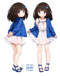 Rule 34 | 1girl, arms behind back, blue eyes, blue jacket, blush, brown hair, clothes lift, comodomodo, dress, dress lift, faeryn (comodomodo), full body, hair ornament, hairclip, highres, jacket, jewelry, kneepits, legs, lifted by self, looking at viewer, multiple views, necklace, off shoulder, open mouth, original, own hands together, sandals, short dress, short hair, smile, sundress, thighs, white dress