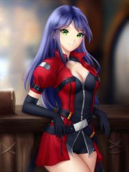Rule 34 | 1girl, bare legs, belt, black dress, black gloves, blue hair, blurry, blurry background, breasts, cleavage, cleavage cutout, closed mouth, clothing cutout, collarbone, dress, elbow gloves, fantasy, female focus, gigamessy, gloves, green eyes, hair flaps, jacket, legs, long hair, looking at viewer, medium breasts, neck, open clothes, open jacket, original, puffy short sleeves, puffy sleeves, red jacket, short dress, short sleeves, smile, solo, standing, tavern