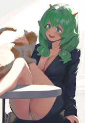 Rule 34 | 1girl, arm support, ass, blush, breasts, cat, cleavage, feet on table, feet out of frame, green eyes, green hair, grey background, hand up, highres, horns, jacket, knees up, large breasts, leaning back, legs, long hair, long sleeves, miniskirt, nahia (some1else45), no bra, no shirt, open mouth, original, panties, sidelocks, skirt, solo, some1else45, table, teeth, thighs, underwear, upper teeth only, upskirt, white panties