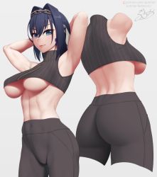 Rule 34 | abs, armpits, arms behind head, arms up, ass, back, black pants, blue bow, blue eyes, blue hair, bow, bow earrings, breasts, chain, closed mouth, covered navel, crop top, cropped arms, cropped legs, earrings, hair between eyes, hair intakes, hololive, hololive english, jewelry, large breasts, looking at viewer, ouro kronii, pants, putcher, short hair, signature, simple background, sleeveless, smile, tight clothes, tight pants, underboob, virtual youtuber, watermark, web address, white background, yoga pants