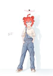 Rule 34 | 1girl, absurdres, ahoge, blue archive, blue eyes, blue overalls, blush, collarbone, commentary request, double bun, enobun3gyo, hair bun, halo, hands in pockets, highres, maki (blue archive), overalls, red hair, shadow, shoes, simple background, smile, sneakers, solo, standing, translation request, white background