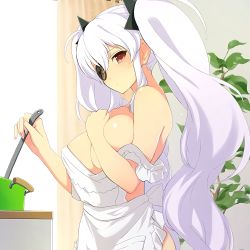 Rule 34 | 1girl, apron, blush, breasts, cleavage, cooking, covering privates, covering breasts, curtains, eyepatch, hair ornament, highres, holding, indoors, large breasts, long hair, looking at viewer, naked apron, official art, plant, potted plant, red eyes, senran kagura, shuriken, solo, spoon, standing, twintails, weapon, white hair, yaegashi nan, yagyu (senran kagura)