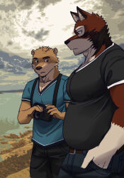 Rule 34 | 2boys, artist name, bara, black pants, black shirt, blue shirt, blush, camera, chase hunter, closed mouth, cloud, cloudy sky, commentary, dated, echo (visual novel), echo project, english commentary, furry, furry male, furry with furry, girl staring at guy&#039;s chest (meme), hand in pocket, highres, holding, holding camera, lake, leo alvarez, looking at another, looking down, male focus, meme, mindmechanica, multiple boys, outdoors, pants, plump, shirt, short sleeves, sky, standing, sweat, sweatdrop, watermark, wolf boy