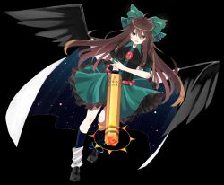 Rule 34 | 1girl, absurdres, alternate color, annoyed, arm cannon, bird wings, black background, black footwear, black shirt, black socks, black wings, bow, brown hair, cape, dress shirt, full body, green bow, green skirt, hair between eyes, hair bow, highres, kneehighs, long hair, open mouth, puffy short sleeves, puffy sleeves, red eyes, reiuji utsuho, shirt, shoes, short sleeves, simple background, skirt, socks, taiki (ozone), touhou, very long hair, walking, weapon, wings