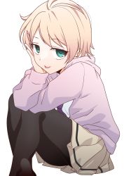 Rule 34 | 1girl, :p, black pantyhose, blonde hair, commentary request, feet out of frame, from side, green eyes, hand on own cheek, hand on own face, hand up, highres, hikaru (ofuton at5), hood, hood down, hoodie, kuroki tomoko, long sleeves, looking at viewer, miniskirt, necktie, official alternate hair color, official alternate hair length, official alternate hairstyle, pantyhose, pink hoodie, pleated skirt, purple necktie, school uniform, shirt, short hair, simple background, sitting, skirt, solo, tongue, tongue out, watashi ga motenai no wa dou kangaetemo omaera ga warui!, white background, white shirt, yellow skirt