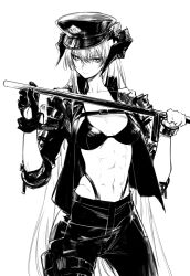 Rule 34 | 1girl, abs, absurdres, arknights, bra, bracelet, breasts, dragon girl, dragon horns, enpix, gloves, greyscale, hair between eyes, hands up, hat, highres, holding baton, horns, jacket, jewelry, long hair, long sleeves, looking at viewer, monochrome, navel, no shirt, official alternate costume, open clothes, open jacket, pants, saria (arknights), saria (the law) (arknights), single glove, small breasts, solo, underwear, very long hair