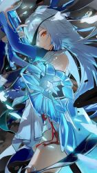Rule 34 | 1girl, absurdres, bare shoulders, black blindfold, blindfold, blue sleeves, chinese clothes, closed mouth, detached sleeves, highres, holding, holding sword, holding weapon, honkai: star rail, honkai (series), jingliu (honkai: star rail), kamatoyu, long hair, long sleeves, looking at viewer, red eyes, solo, sword, unfinished, weapon, white hair