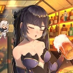 Rule 34 | 2girls, alcohol, bar (place), bare shoulders, beer, beer mug, black hair, black ribbon, breasts, breath, cleavage, closed mouth, collarbone, cup, drunk, eungi, foam, genshin impact, hair ribbon, highres, holding, holding cup, indoors, liquor, long hair, medium breasts, mona (genshin impact), mug, multiple girls, open mouth, paimon (genshin impact), ribbon, shelf, sidelocks, sitting, twintails, water drop