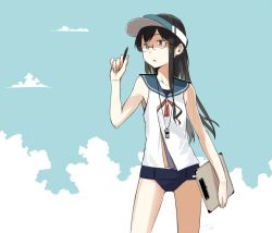 Rule 34 | 10s, 1girl, 2014, adapted costume, bare arms, bare legs, bare shoulders, black hair, blue eyes, clipboard, cowboy shot, dated, glasses, kantai collection, kawashina (momen silicon), long hair, neckerchief, ooyodo (kancolle), sailor collar, school swimsuit, school uniform, serafuku, sleeveless, solo, standing, swimsuit, swimsuit under clothes, thigh gap, thighs, visor cap, whistle