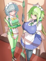 apron bare_shoulders blue_dress blue_eyes blush bodysuit bombergirl bowtie breasts broom clothing_cutout cosplay costume_switch crossover detached_sleeves dress embarrassed emera_(bombergirl) green_bodysuit green_eyes green_ribbon grey_hair hair_tattoo holding_own_arm huge_breasts indoors izayoi_sakuya large_breasts long_hair maid_apron maid_headdress mondaysea navel ribbon sidelocks skin_tight standing sweatdrop thigh_cutout touhou white_frills white_hair yellow_bow yellow_bowtie