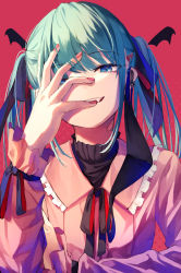 Rule 34 | 1girl, 200f (nifu), absurdres, aqua hair, bat wings, black neckwear, black ribbon, blouse, blue eyes, breasts, covering face, ear piercing, earrings, fangs, frilled shirt collar, frills, hand up, hatsune miku, head wings, highres, jewelry, looking at viewer, nail polish, parted lips, piercing, pink nails, pink shirt, red background, ribbon, shirt, simple background, small breasts, smile, solo, swept bangs, upper body, vampire, vampire (vocaloid), vocaloid, wings