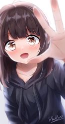 Rule 34 | 1girl, absurdres, blunt bangs, blurry, blurry foreground, brown eyes, brown hair, collarbone, commentary, drawstring, highres, hood, hood down, light blush, long hair, long sleeves, looking at viewer, nanase kurumi (menhera-chan), open mouth, original, outstretched hand, reaching, reaching towards viewer, shi3, signature, smile, solo, upper body