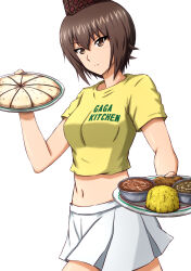 Rule 34 | 1girl, absurdres, alternate costume, brown eyes, brown hair, closed mouth, clothes writing, commentary, cowboy shot, cropped shirt, food, frown, garrison cap, girls und panzer, hat, highres, holding, holding tray, looking at viewer, midriff, miniskirt, navel, nishizumi maho, omachi (slabco), pleated skirt, red hat, shirt, short hair, short sleeves, simple background, skirt, solo, standing, t-shirt, tray, waitress, white background, white skirt, yellow shirt
