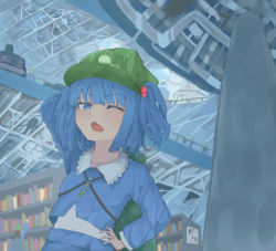 Rule 34 | 1girl, arm up, backpack, bag, blue eyes, blue hair, green hat, hair bobbles, hair ornament, hand on own hip, hat, highres, kawashiro nitori, key, long sleeves, looking at viewer, one eye closed, short hair, short twintails, solo, touhou, twintails, upper body, xp543387, yawning