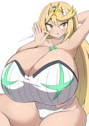 Rule 34 | 1girl, absurdres, arm up, armpits, blonde hair, blush, breasts, cleavage, gem, gigantic breasts, hair ornament, headpiece, highres, jaga334, jewelry, looking at viewer, mythra (radiant beach) (xenoblade), mythra (xenoblade), nintendo, solo, swept bangs, swimsuit, thighs, tiara, xenoblade chronicles (series), xenoblade chronicles 2, yellow eyes