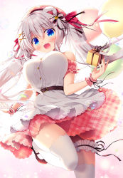 Rule 34 | 1girl, :d, animal ears, apron, balloon, bare shoulders, bear ears, beret, black footwear, blue eyes, blush, bow, box, breasts, commentary request, fang, gift, gift box, grey hair, hair bow, hair ornament, hairclip, hat, highres, holding, holding gift, large breasts, long hair, looking at viewer, open mouth, original, pink hat, pink skirt, plaid, plaid headwear, plaid skirt, red bow, sasai saji, shirt, shoes, sidelocks, skirt, sleeveless, sleeveless shirt, smile, solo, standing, standing on one leg, star (symbol), star hair ornament, thighhighs, twintails, very long hair, waist apron, white apron, white shirt, white thighhighs, wrist cuffs, x hair ornament