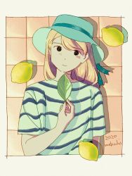 Rule 34 | 1girl, aqua hat, black eyes, blonde hair, border, borrowed character, commentary request, dated, food, fruit, hat, highres, holding, holding leaf, leaf, lemon, light smile, long hair, looking at viewer, original, shadow, shirt, short sleeves, signature, solo, soukifrog, striped clothes, striped shirt, upper body, white border