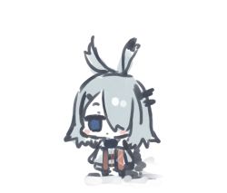 Rule 34 | 1girl, animal ears, arknights, blue eyes, blush stickers, expressionless, frostnova (arknights), full body, grey jacket, hair ornament, hair over one eye, hairclip, jacket, long hair, looking at viewer, rabbit ears, silver hair, simple background, solo, sukima (crie), white background
