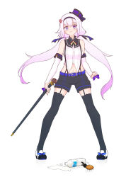 Rule 34 | .live, 1girl, absurdres, anger vein, belt, breasts, calpis, cane sword, carro pino, clenched hand, concealed weapon, detached sleeves, full body, hair ornament, headband, highres, navel, open mouth, purple eyes, purple hair, shorts, small breasts, solo, spilled milk, sword cane, thighhighs, virtual youtuber, voizerick