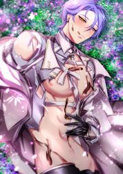 Rule 34 | 1boy, blush, bow, chocolate, chocolate on body, earrings, food on body, gloves, grass, heterochromia, highres, holding, jewelry, kuya (nu carnival), licking, licking lips, looking at viewer, lying, lying on ground, male focus, navel, nipples, nu carnival, pectorals, purple eyes, purple hair, ribbon, shirt, short hair, slit pupils, toned, toned male, tongue, tongue out, torn clothes, torn shirt, yadome810, yellow eyes