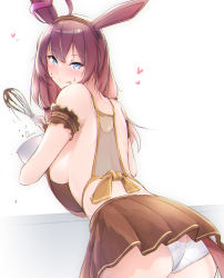 Rule 34 | 1girl, animal ears, apron, ass, back, blue eyes, blush, bow, brown hair, brown skirt, chocolate, commentary request, dermar, from behind, heart, highres, horse ears, horse girl, horse tail, licking lips, long hair, looking at viewer, mihono bourbon (code:glassage) (umamusume), mihono bourbon (umamusume), official alternate costume, panties, pleated skirt, shoulder blades, simple background, skirt, solo, standing, tail, tongue, tongue out, umamusume, underwear, valentine, whisk, white background, white panties