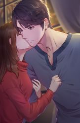 Rule 34 | 1boy, 1girl, aerial fireworks, black hair, brown hair, kissing cheek, curtains, closed eyes, fireworks, highres, kiss, locked arms, long sleeves, love and producer, night, outdoors, red sweater, shirt, shirt grab, standing, sweater, t-shirt, tudou td, upper body, window