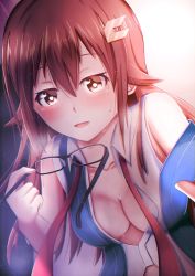 Rule 34 | 1girl, absurdres, bad id, bad pixiv id, bare shoulders, blouse, blush, breasts, brown eyes, brown hair, cleavage, commentary request, unworn eyewear, hair between eyes, hair flaps, hair ornament, hairclip, heart, heart-shaped pupils, highres, holding, holding removed eyewear, hololive, long hair, looking at viewer, medium breasts, off shoulder, open mouth, punisher art, shirt, sidelocks, solo, sweat, symbol-shaped pupils, tokino sora, tokino sora (old design), virtual youtuber, white shirt