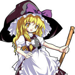 Rule 34 | 1girl, alphes, apron, black hat, black skirt, black vest, blonde hair, bow, braid, broom, buttons, frills, hair bow, hat, hat bow, kirisame marisa, long hair, looking at viewer, official art, open mouth, puffy short sleeves, puffy sleeves, shirt, short sleeves, simple background, single braid, skirt, smile, solo, touhou, vest, white apron, white background, white bow, white shirt, witch hat, yellow eyes